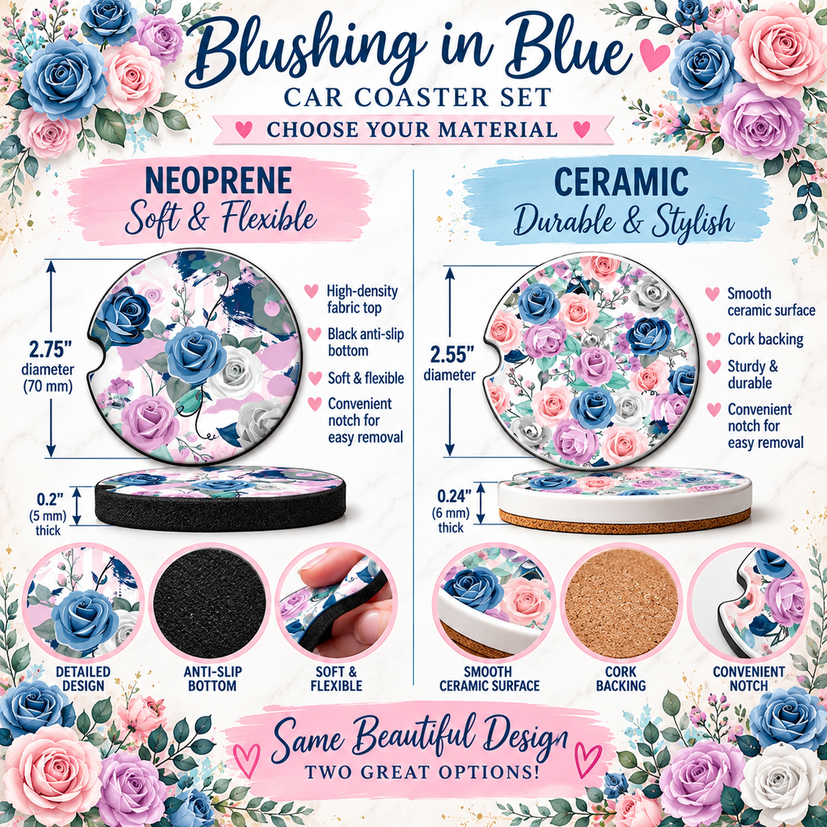 Blushing in Blue Neoprene and Ceramic floral car coaster size comparison