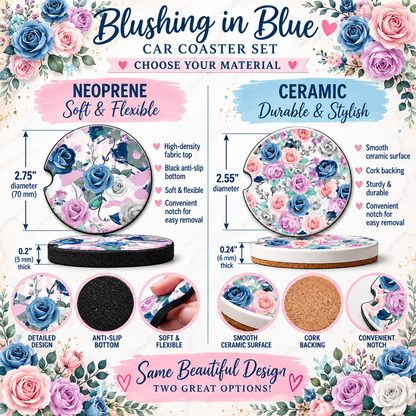 Blushing in Blue Neoprene and Ceramic floral car coaster size comparison