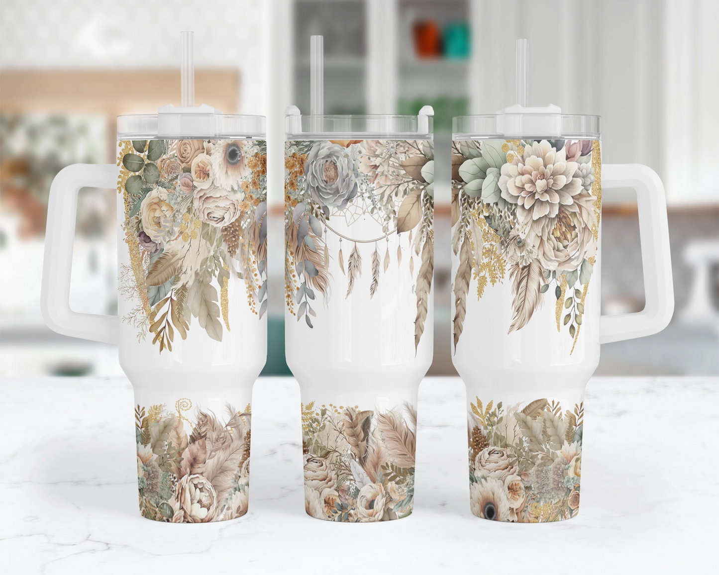 Bohemian Blooms Tumbler - 40oz Floral Design Tumbler With Handle - Gift For Her