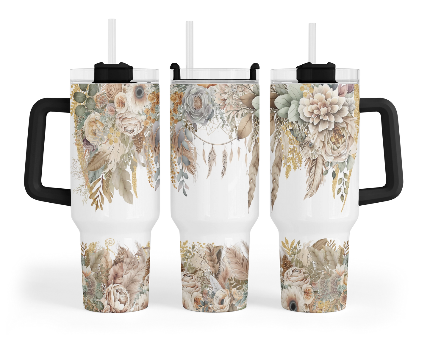 Bohemian Blooms Tumbler - 40oz Floral Design Tumbler With Handle - Gift For Her