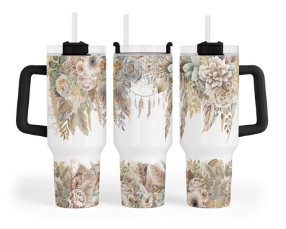 Bohemian Blooms Tumbler - 40oz Floral Design Tumbler With Handle - Gift For Her