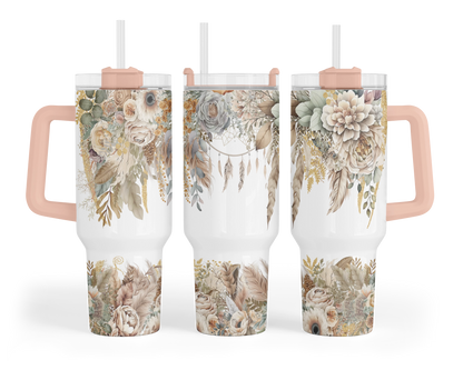 Bohemian Blooms Tumbler - 40oz Floral Design Tumbler With Handle - Gift For Her