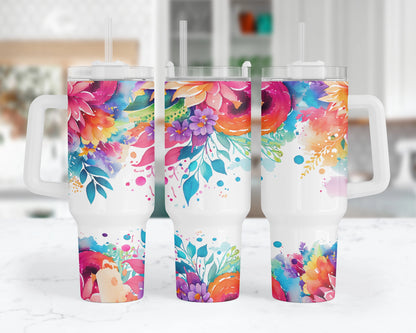 Bold Botanicals Tumbler - 40oz Colorful Floral Tumbler With Handle - Gift For Her