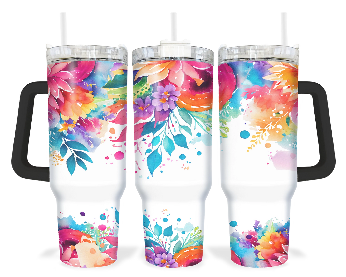 Bold Botanicals Tumbler - 40oz Colorful Floral Tumbler With Handle - Gift For Her