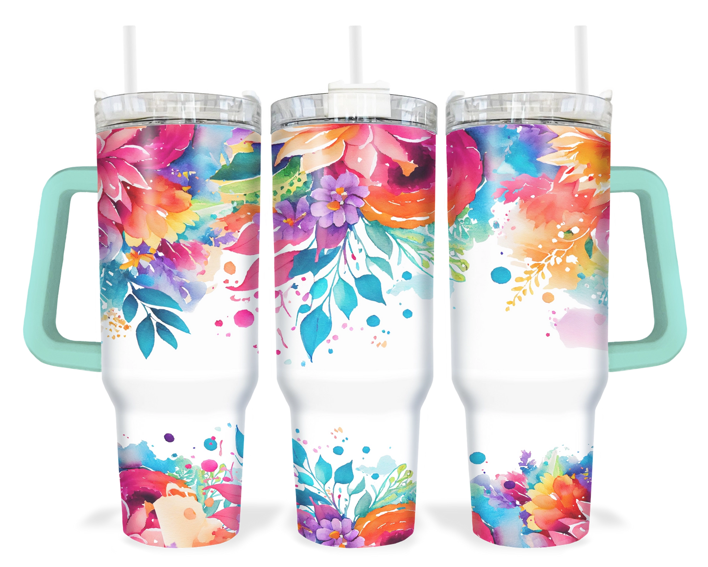 Bold Botanicals Tumbler - 40oz Colorful Floral Tumbler With Handle - Gift For Her