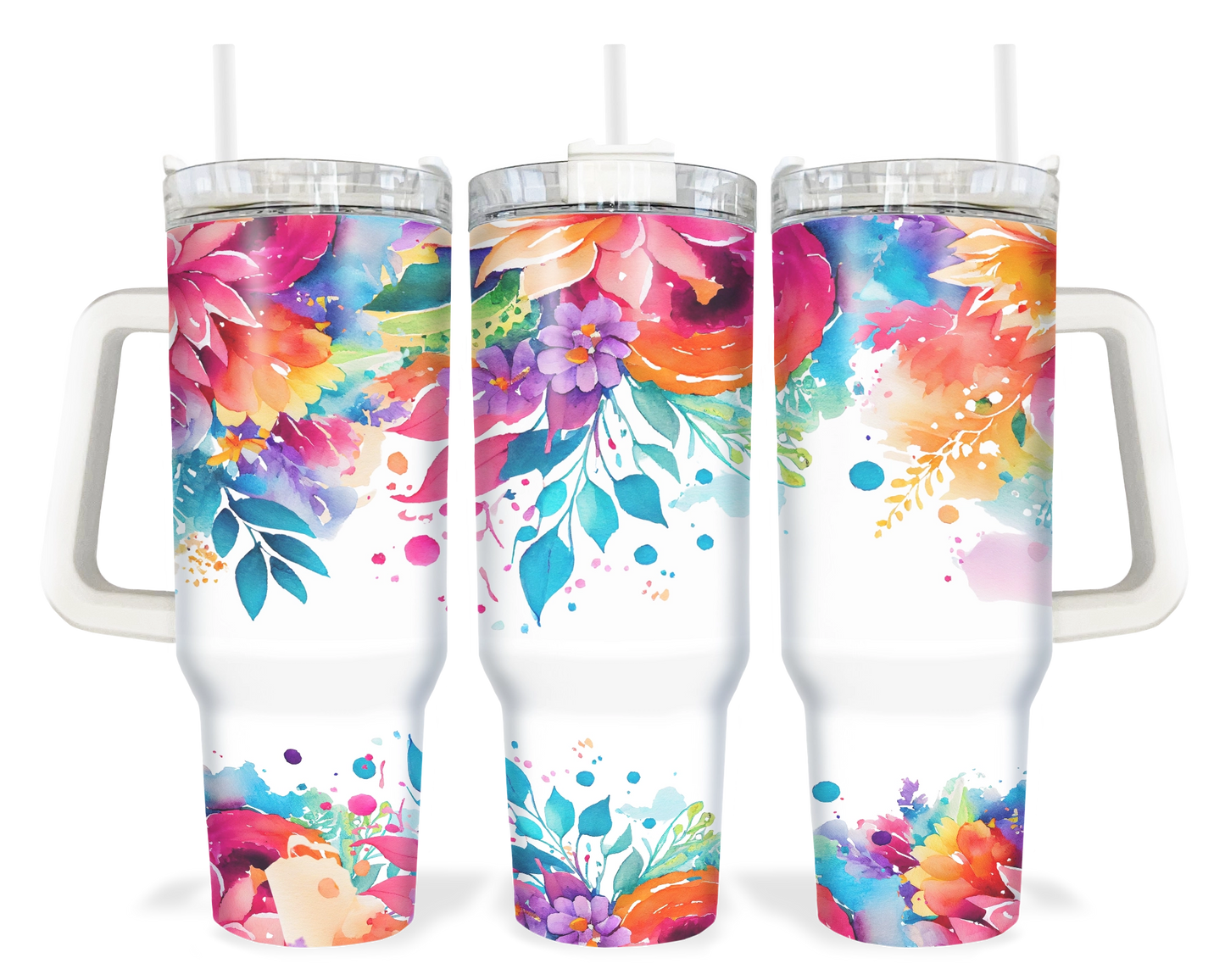 Bold Botanicals Tumbler - 40oz Colorful Floral Tumbler With Handle - Gift For Her