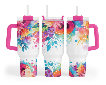 Bold Botanicals Tumbler - 40oz Colorful Floral Tumbler With Handle - Gift For Her