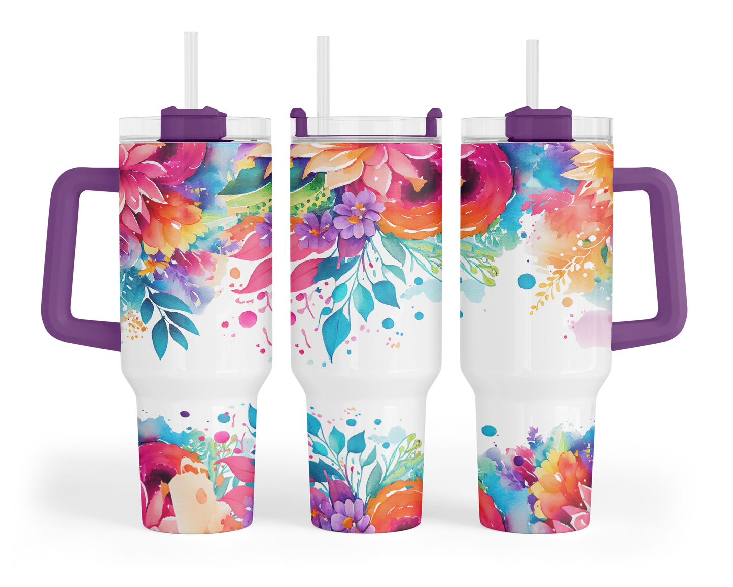 Bold Botanicals Tumbler - 40oz Colorful Floral Tumbler With Handle - Gift For Her