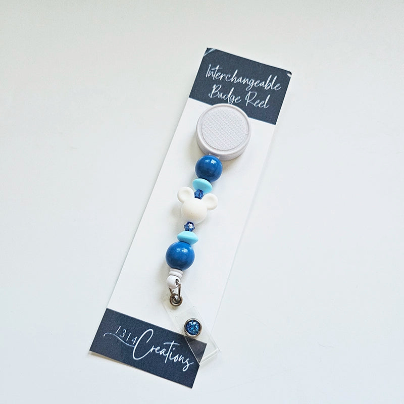 Bubbly Blue Mouse Badge Reel  - Interchangeable Beaded Badge Reel Clip -  Cute ID Holder For Work