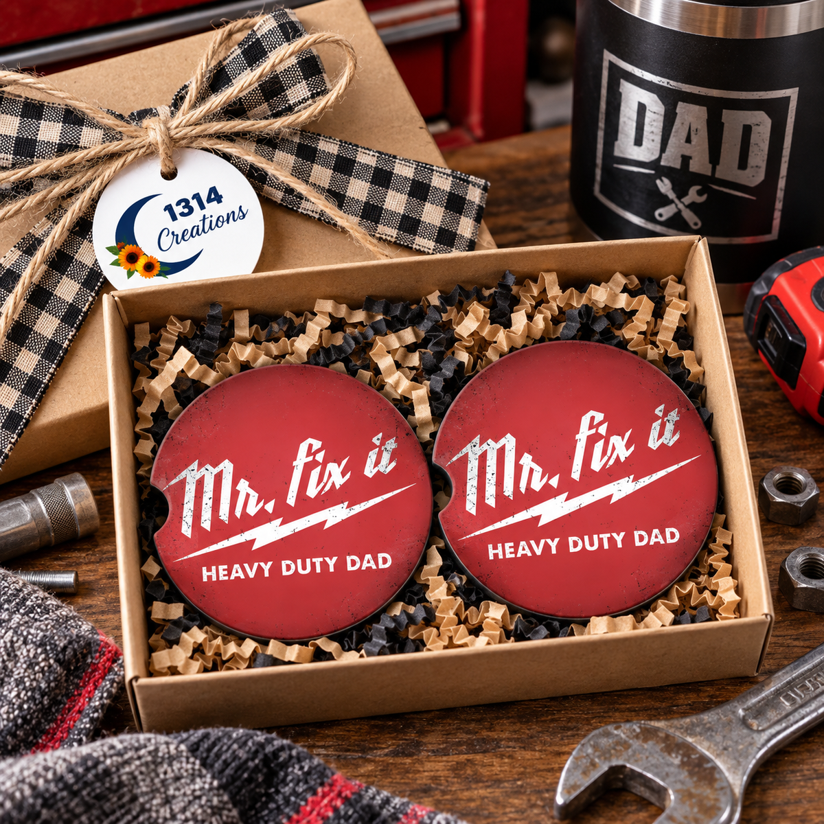 Built Dad Tough Mr Fix It car coaster set presented as a gift for Dad