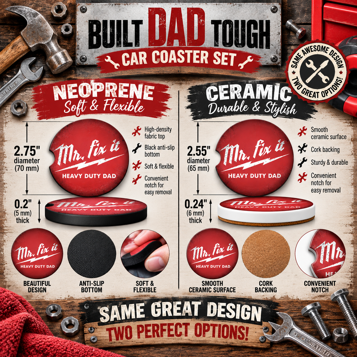 Built Dad Tough Neoprene and Ceramic Dad car coaster size comparison