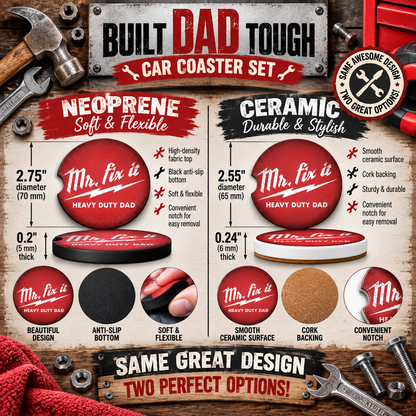Built Dad Tough Neoprene and Ceramic Dad car coaster size comparison