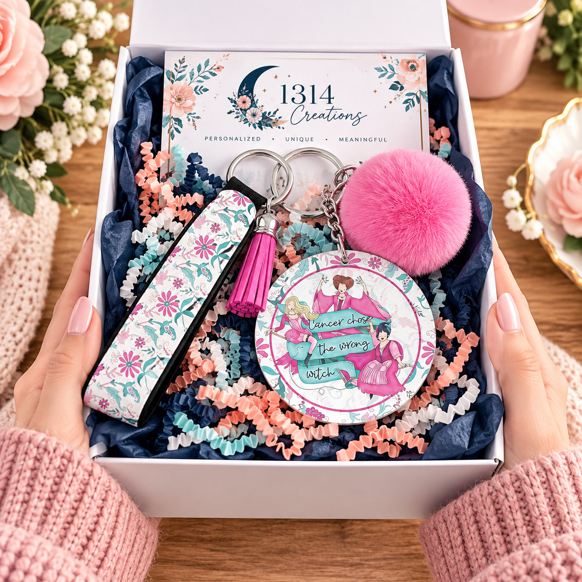 Cancer Chose the Wrong Witch wristlet keychain arranged in a gift box