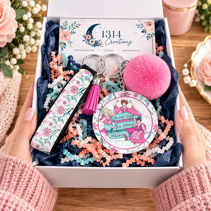 Cancer Chose the Wrong Witch wristlet keychain arranged in a gift box