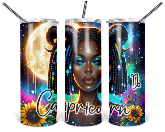 Three views of the 20 oz tumbler featuring Capricorn horned woman with braids, glowing moon, stars, and sunflowers on a white background