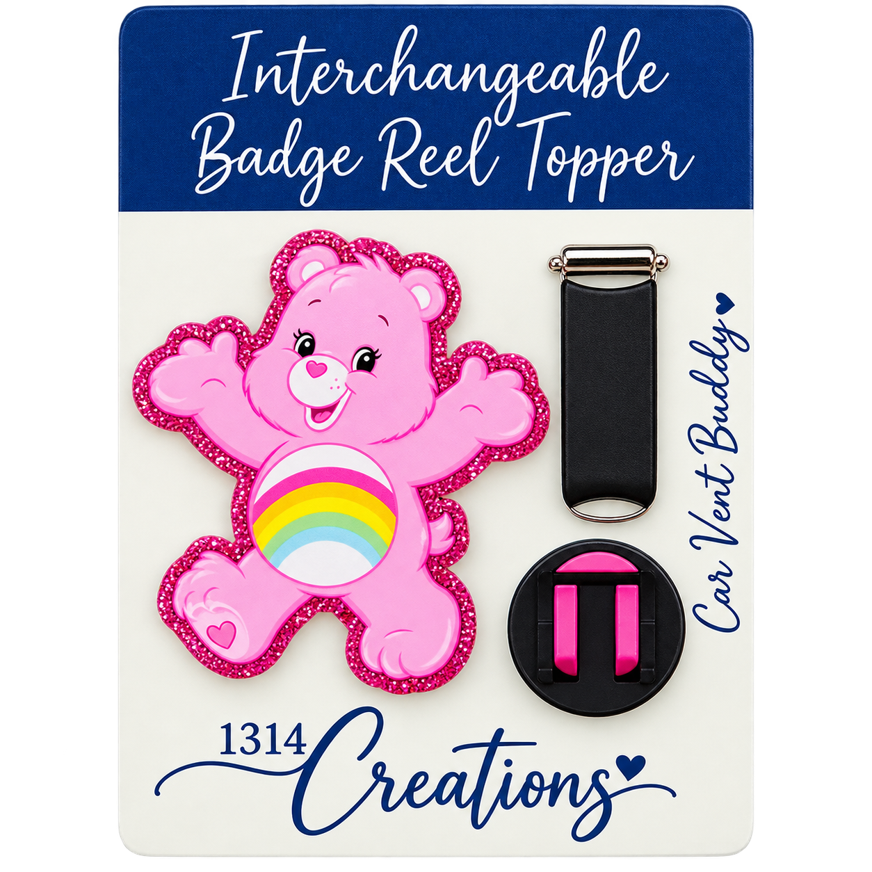 Care, Share & Clock In | Interchangeable Badge Reel Topper
