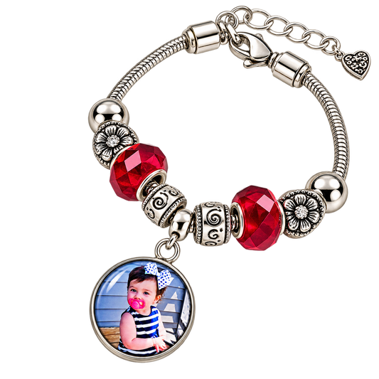 Carried With Love personalized photo charm bracelet with red faceted beads, silver-tone floral and heart beads, and an extender chain.