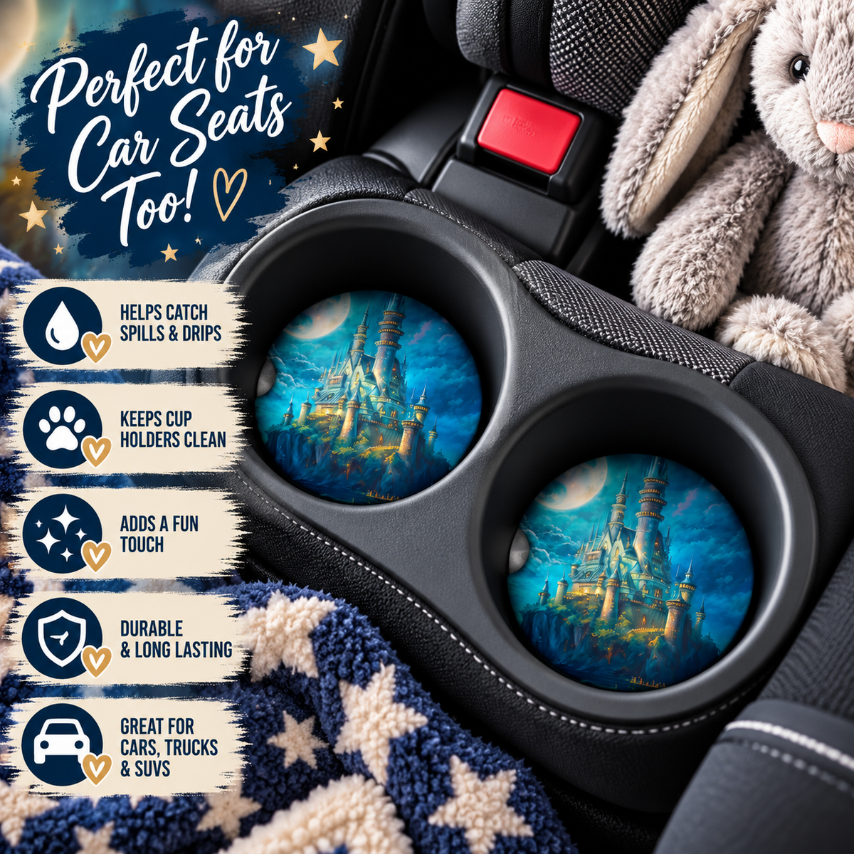 Castle Beyond the Clouds enchanted castle car coasters displayed in child car seat cup holders