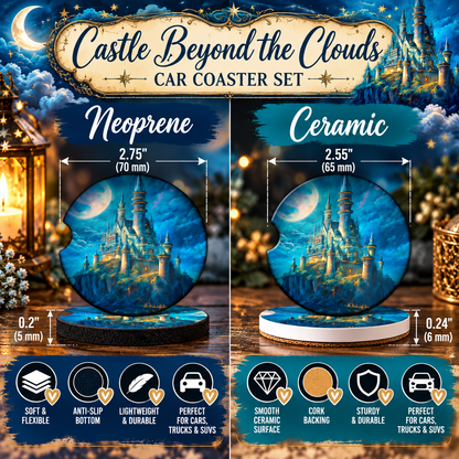 Castle Beyond the Clouds Neoprene and Ceramic car coaster size comparison