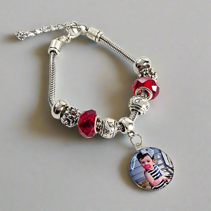 Cherished Memories: Ruby & Silver Sunflower Charm Bracelet ✨ Personalized Photo Charm Bracelet ✨ Gift For Mom