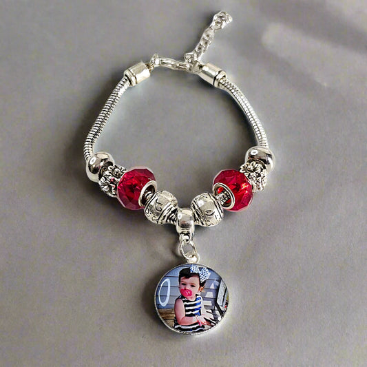 Cherished Memories: Ruby & Silver Sunflower Charm Bracelet ✨ Personalized Photo Charm Bracelet ✨ Gift For Mom