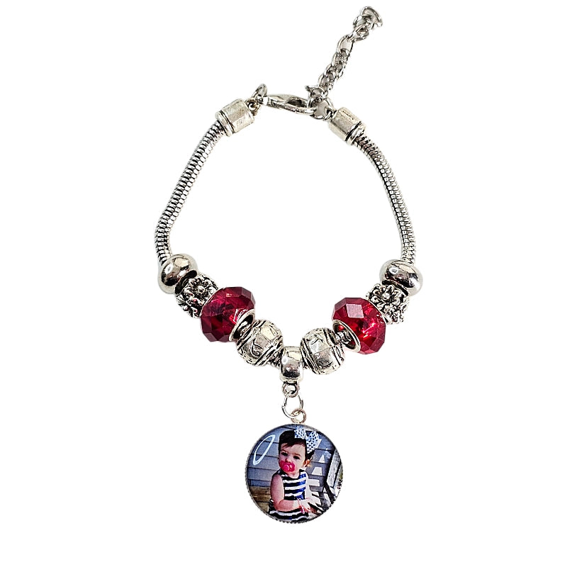 Cherished Memories: Ruby & Silver Sunflower Charm Bracelet ✨ Personalized Photo Charm Bracelet ✨ Gift For Mom