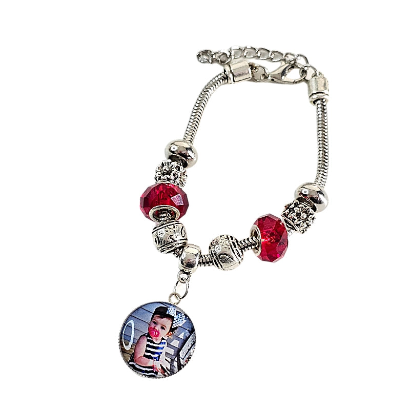 Cherished Memories: Ruby & Silver Sunflower Charm Bracelet ✨ Personalized Photo Charm Bracelet ✨ Gift For Mom