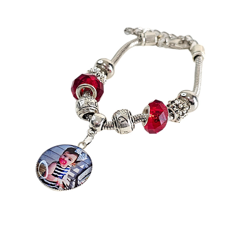 Cherished Memories: Ruby & Silver Sunflower Charm Bracelet ✨ Personalized Photo Charm Bracelet ✨ Gift For Mom