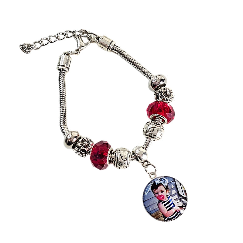 Cherished Memories: Ruby & Silver Sunflower Charm Bracelet ✨ Personalized Photo Charm Bracelet ✨ Gift For Mom