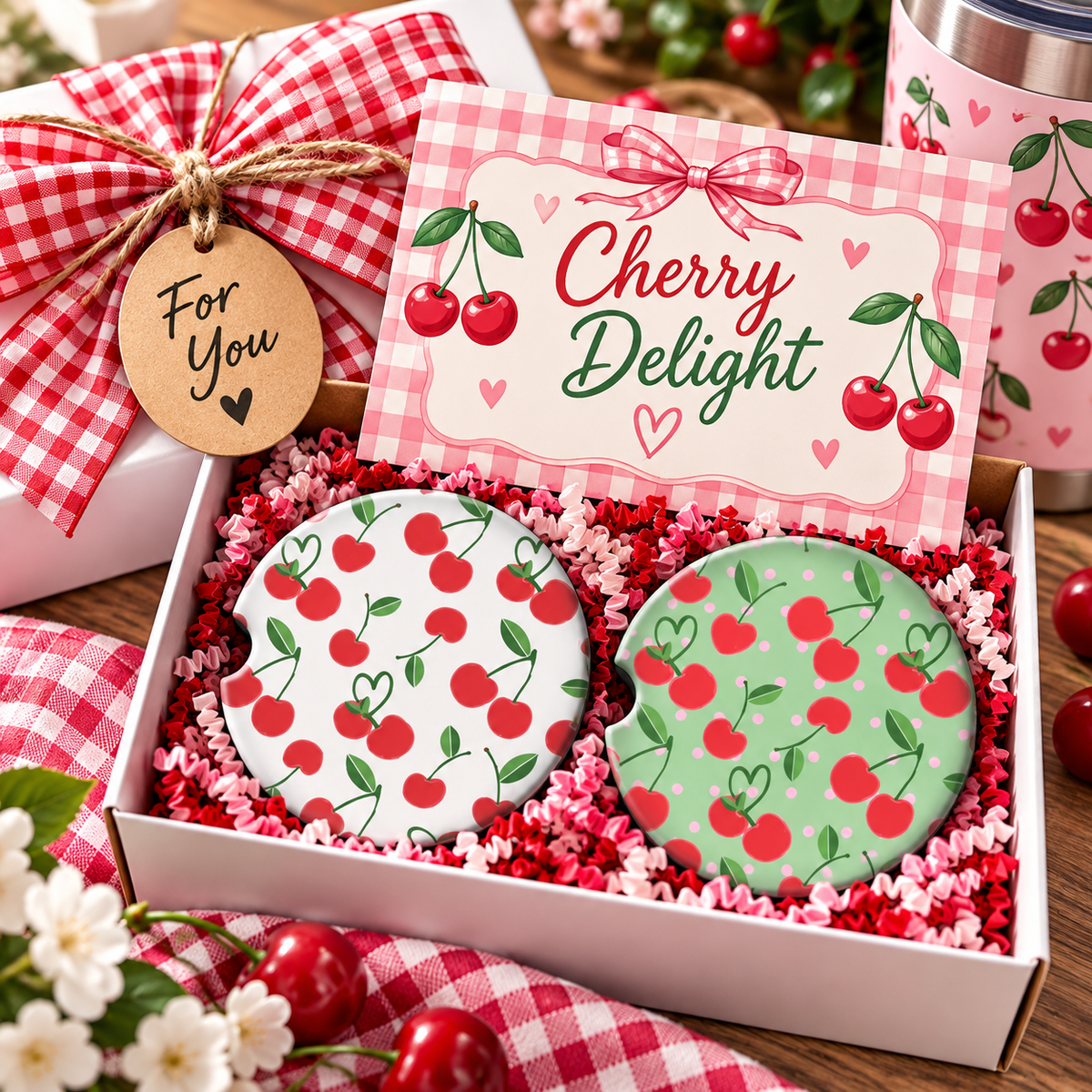 Cherry Delight coaster set arranged in a gift box