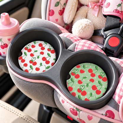 Retro cherry coasters displayed in child car-seat cup holders