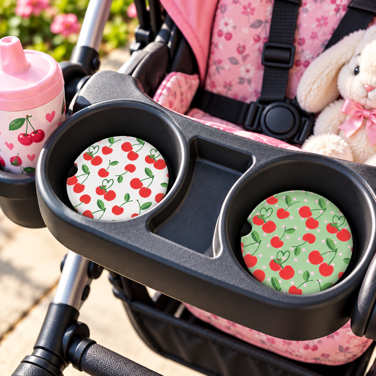 White and green cherry coasters displayed in stroller cup holders