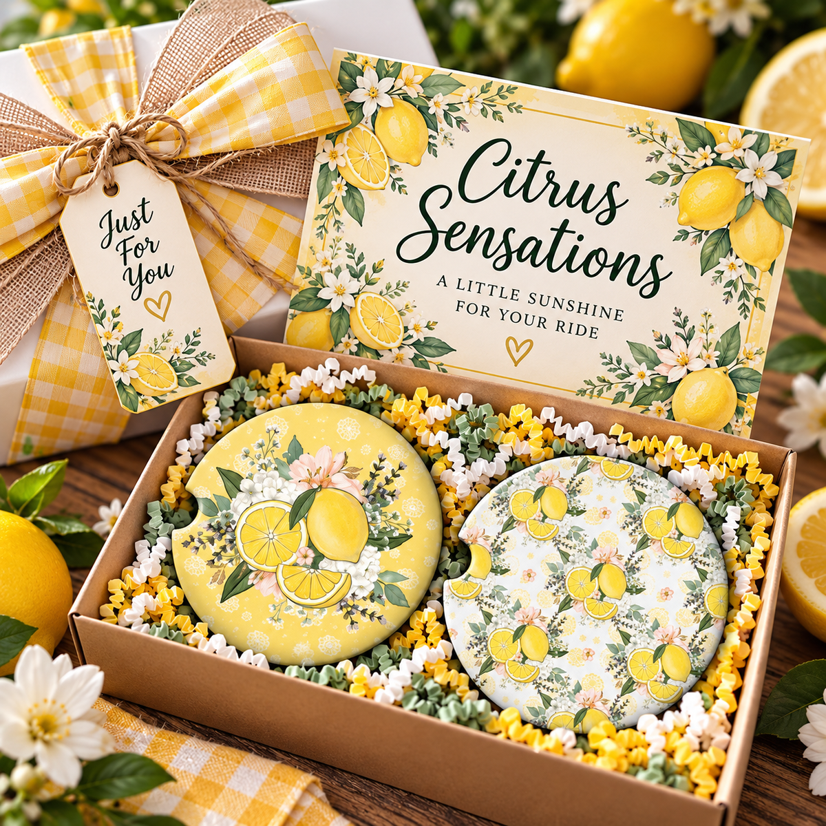 Citrus Sensations lemon coaster set arranged in a gift box