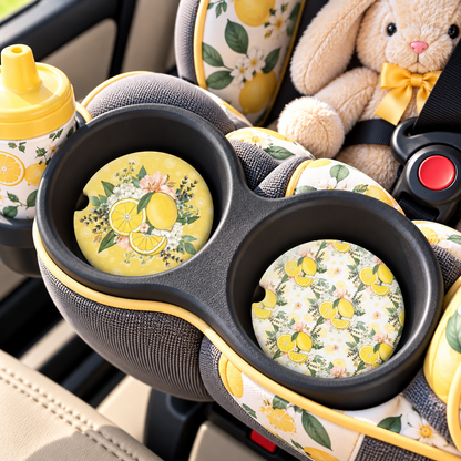 Lemon and floral coasters displayed in child car-seat cup holders