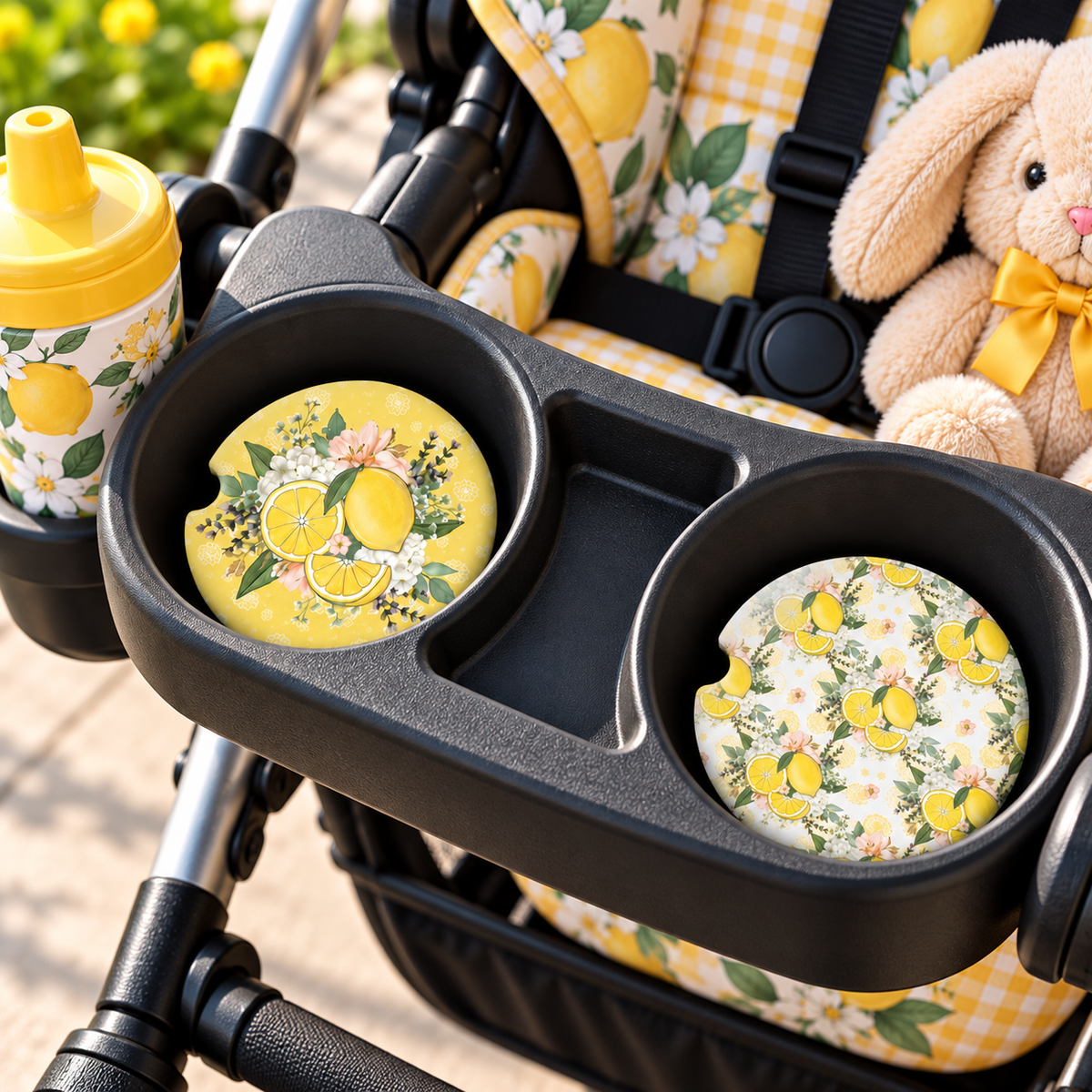 Citrus Sensations lemon and floral coasters displayed in two cup holders on a tray