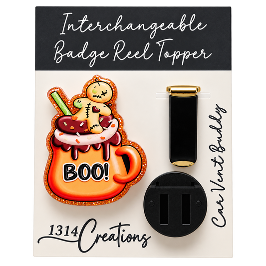 Cocoa Before Chaos | Halloween Hot Chocolate Badge Reel Topper, Beaded Badge Reel & Car Vent Buddy