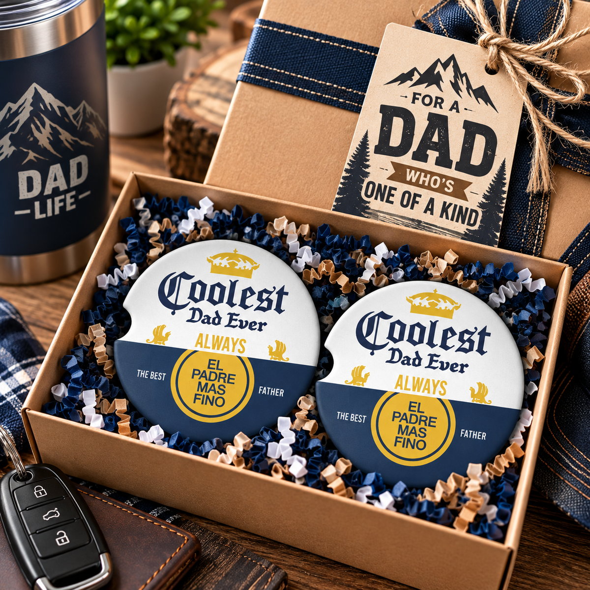 Coolest Dad Ever car coaster pair in a Father's Day gift box.