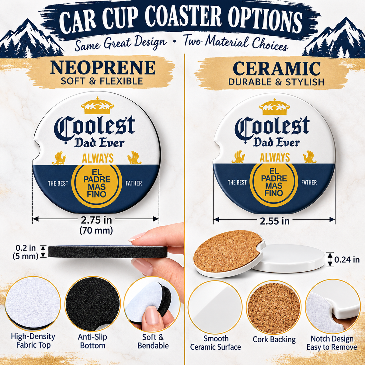 Neoprene and ceramic car coaster size comparison showing diameter thickness and material options