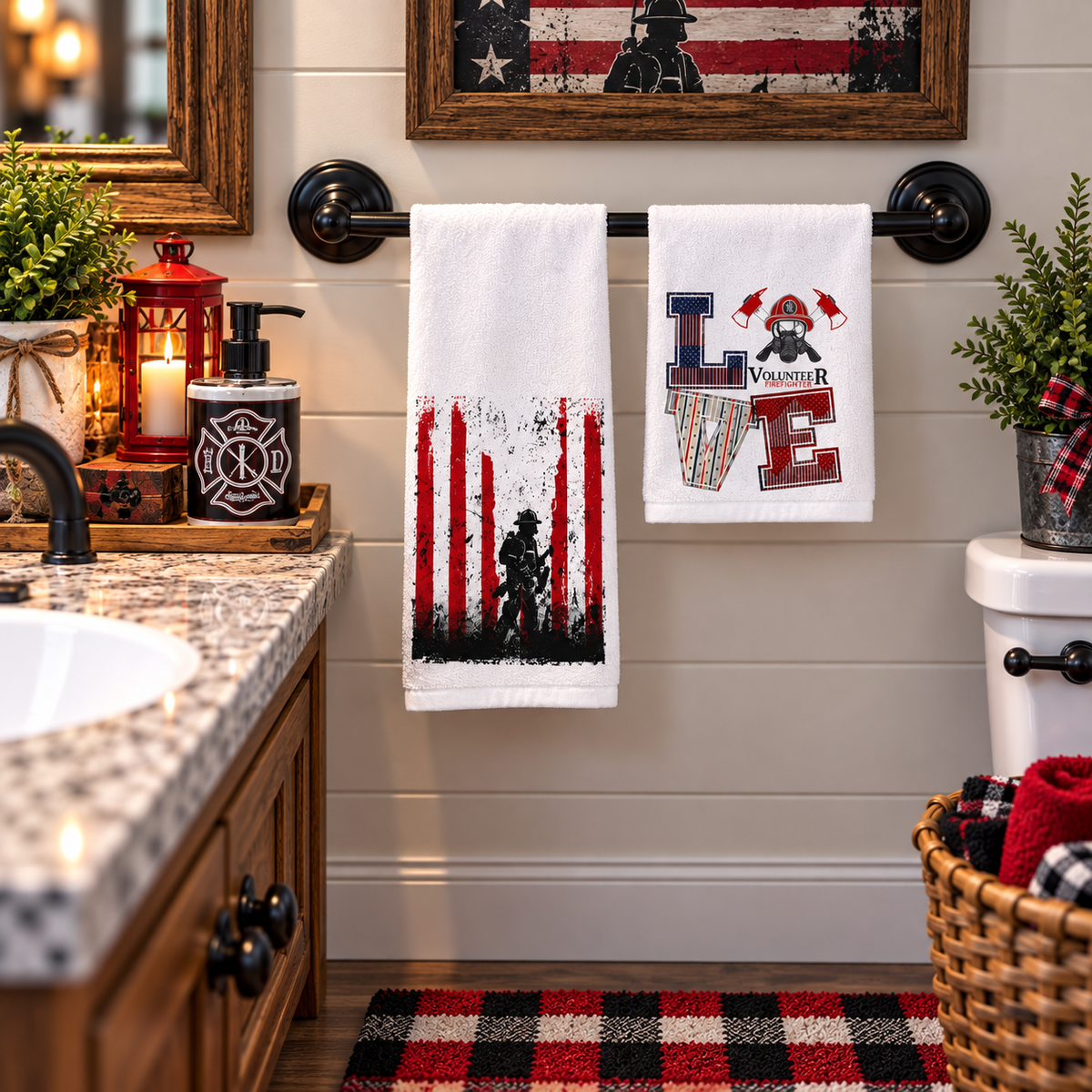 Volunteer firefighter towel set beside a kitchen sink