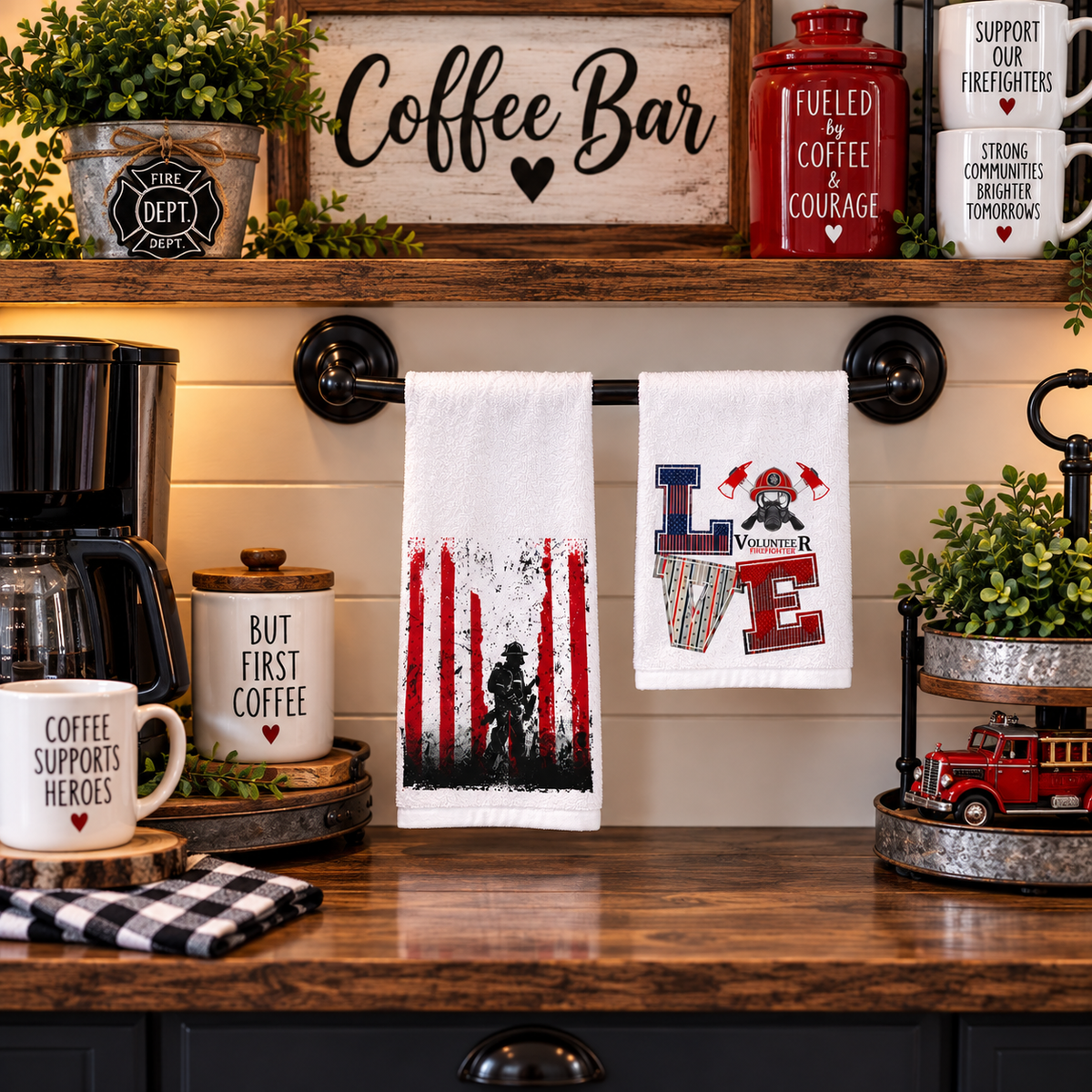 Firefighter LOVE and flag towels displayed at a home coffee bar