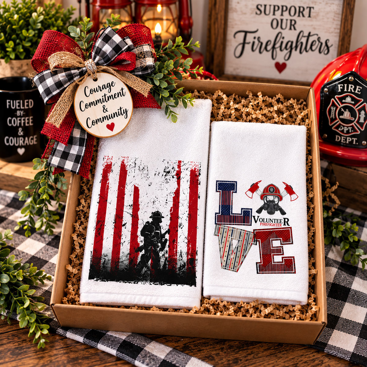 Volunteer firefighter towels arranged in a gift basket