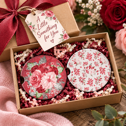 Crimson Petals floral car coaster set presented as a gift for her