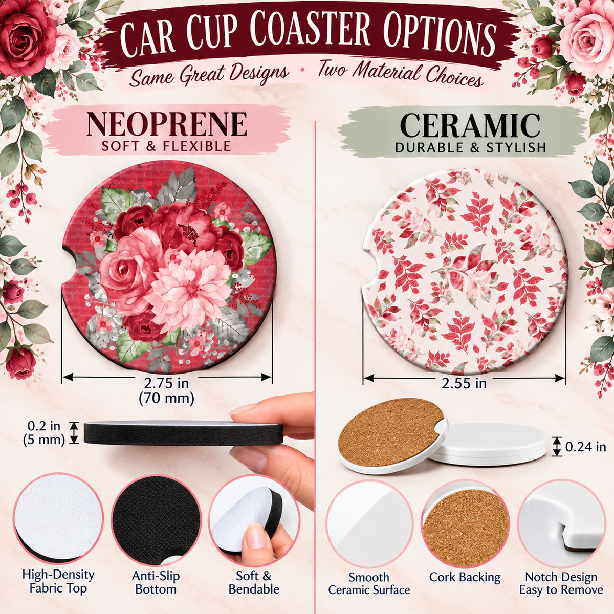 Crimson Petals Neoprene and Ceramic car coaster size and material comparison
