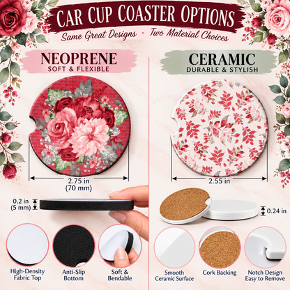 Crimson Petals Neoprene and Ceramic car coaster size and material comparison