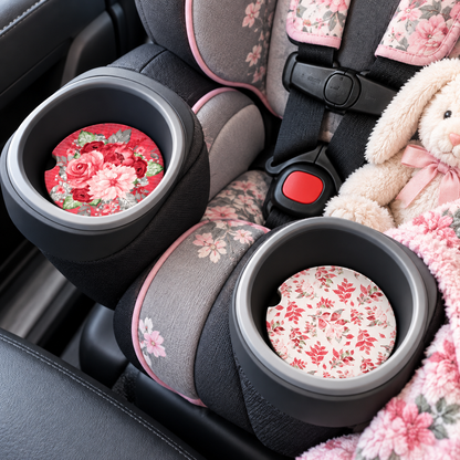 Crimson Petals floral coasters displayed in child car seat cup holders