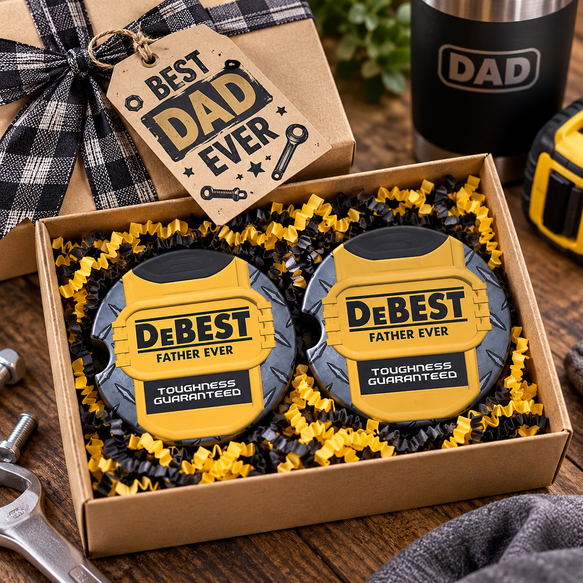 Toughness Guaranteed car coaster set presented as a gift for Dad