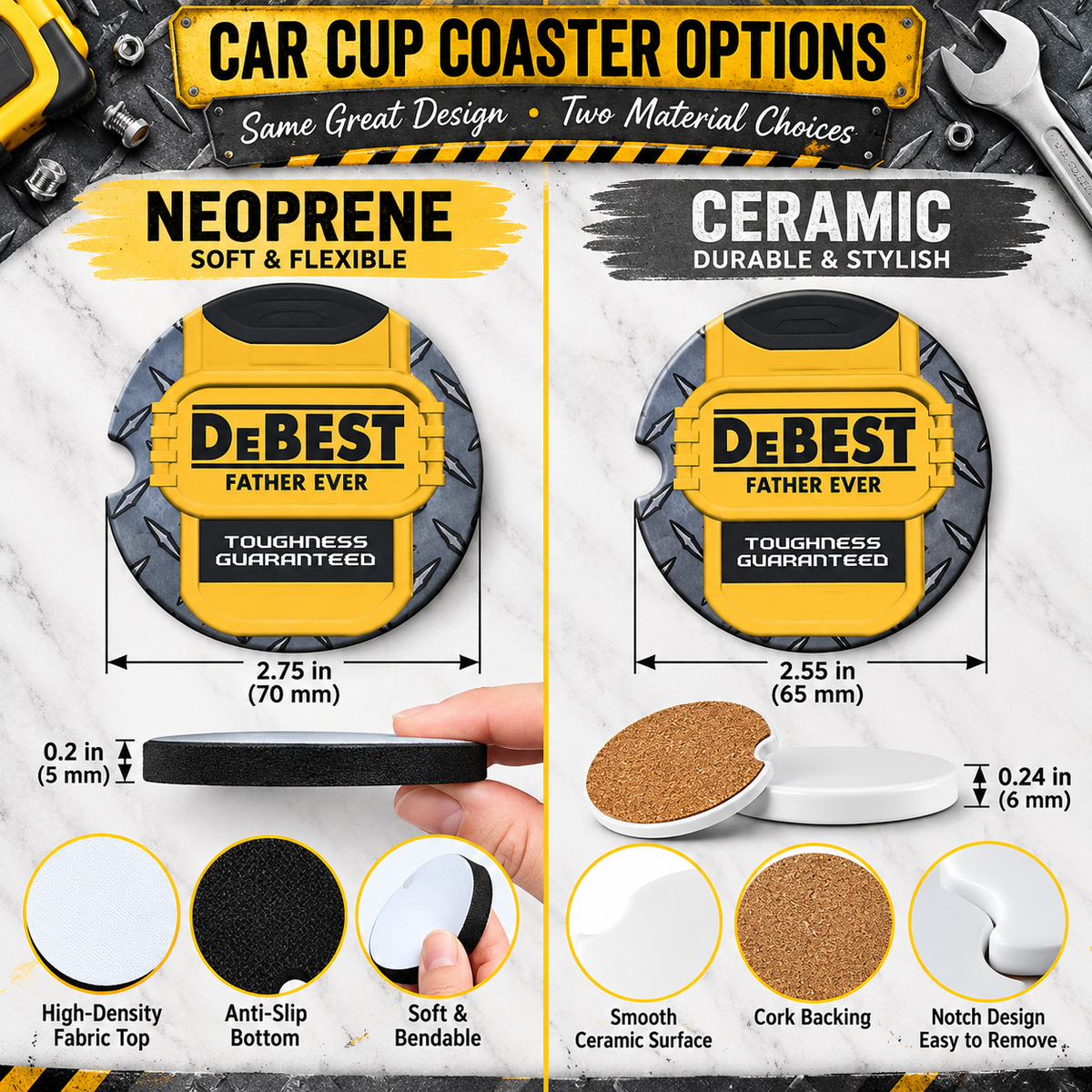 DeBest Father Ever Neoprene and Ceramic car coaster size and material comparison