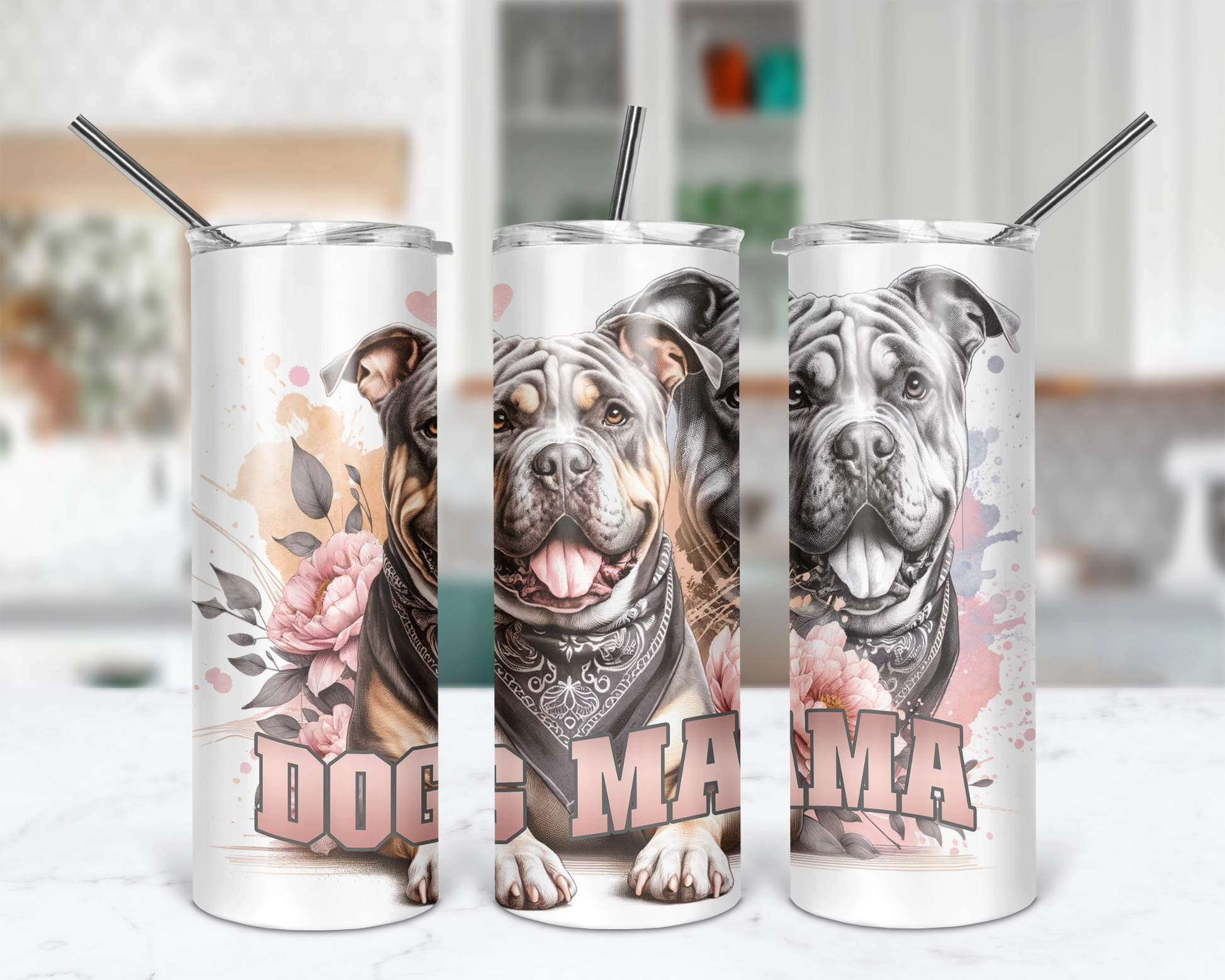A 20oz stainless steel tumbler with a bold Pitbull design and the text 'DOG MAMA', displayed in different orientations with straws.