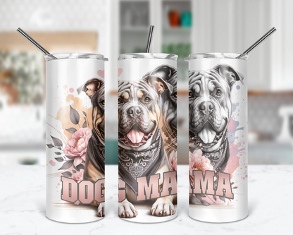 A 20oz stainless steel tumbler with a bold Pitbull design and the text 'DOG MAMA', displayed in different orientations with straws.