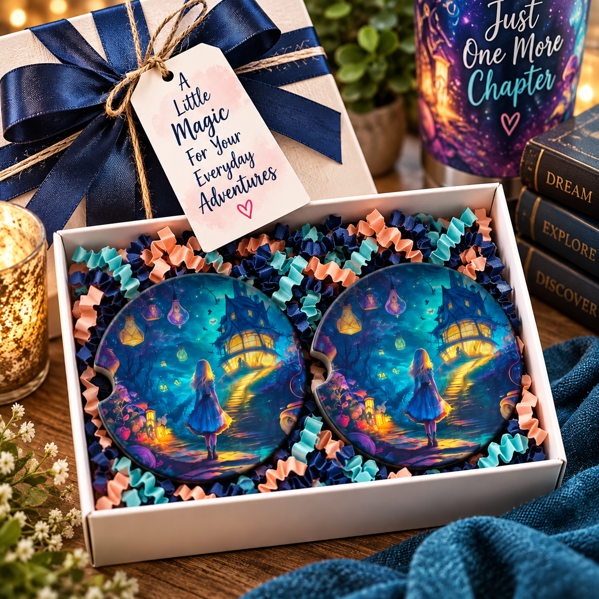 Down the Rabbit Hole enchanted car coaster set presented as a gift for a fantasy lover